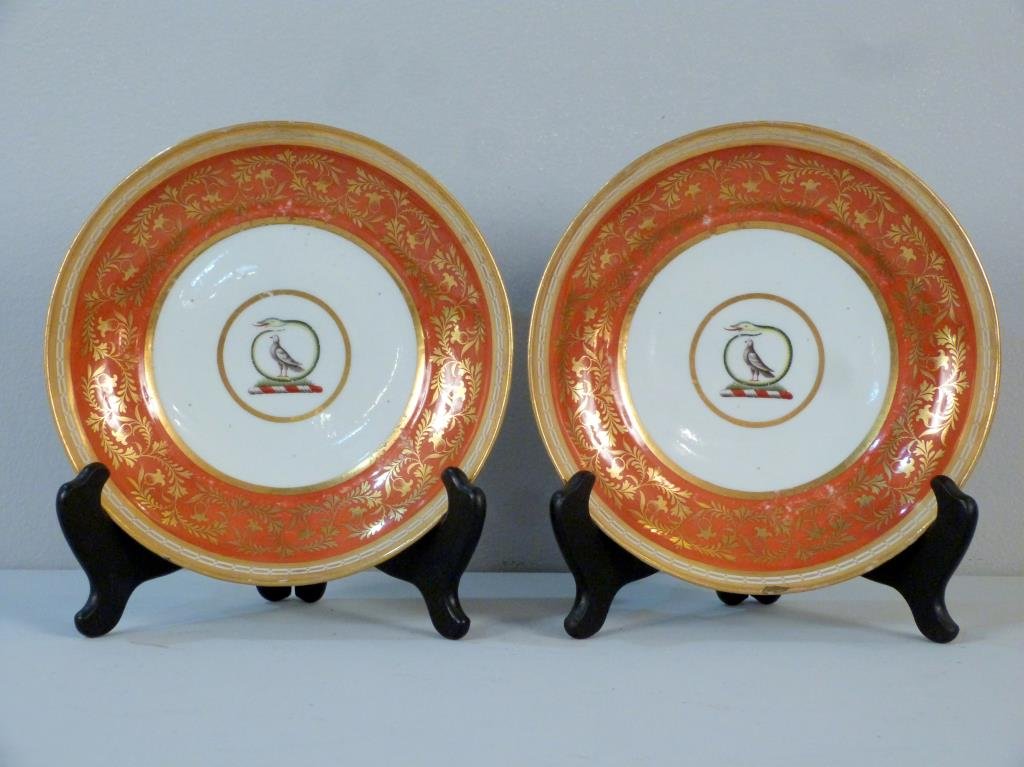 Pair Export Porcelain Shallow Bowls: Gilt and red design with snake and bird center. One with front repair. Impressed B on back. 8"Dia. X 1.5"H