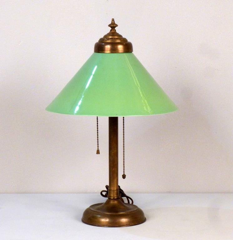 Small Brass Desk Lamp: Brass final and base with green glass emeralite style conical shade. 12"Dia. X 19"H