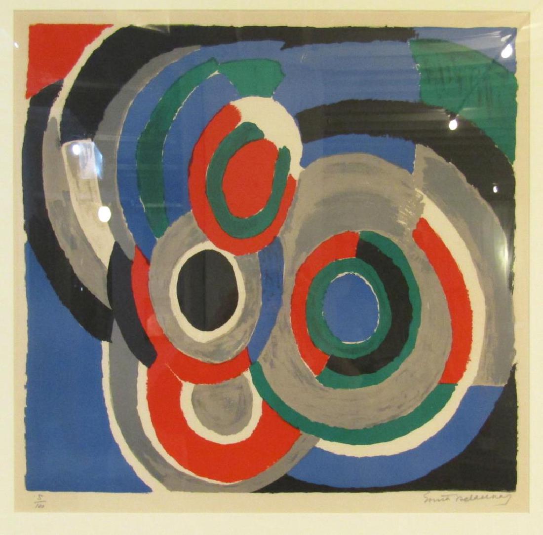 Sonia Delaunay-Terk (American 1885-1979): Lithograph. Circles in colors. Puncturing in upper center. Signed lower right, numbered 5/100. 22.5 X 23" (31" X 30")"