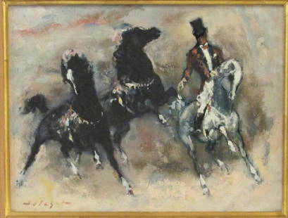 Denes De Holesch - Oil on Board: Rider and three horses. Signed on lower left. 10 X 13" (17" 20.5")"