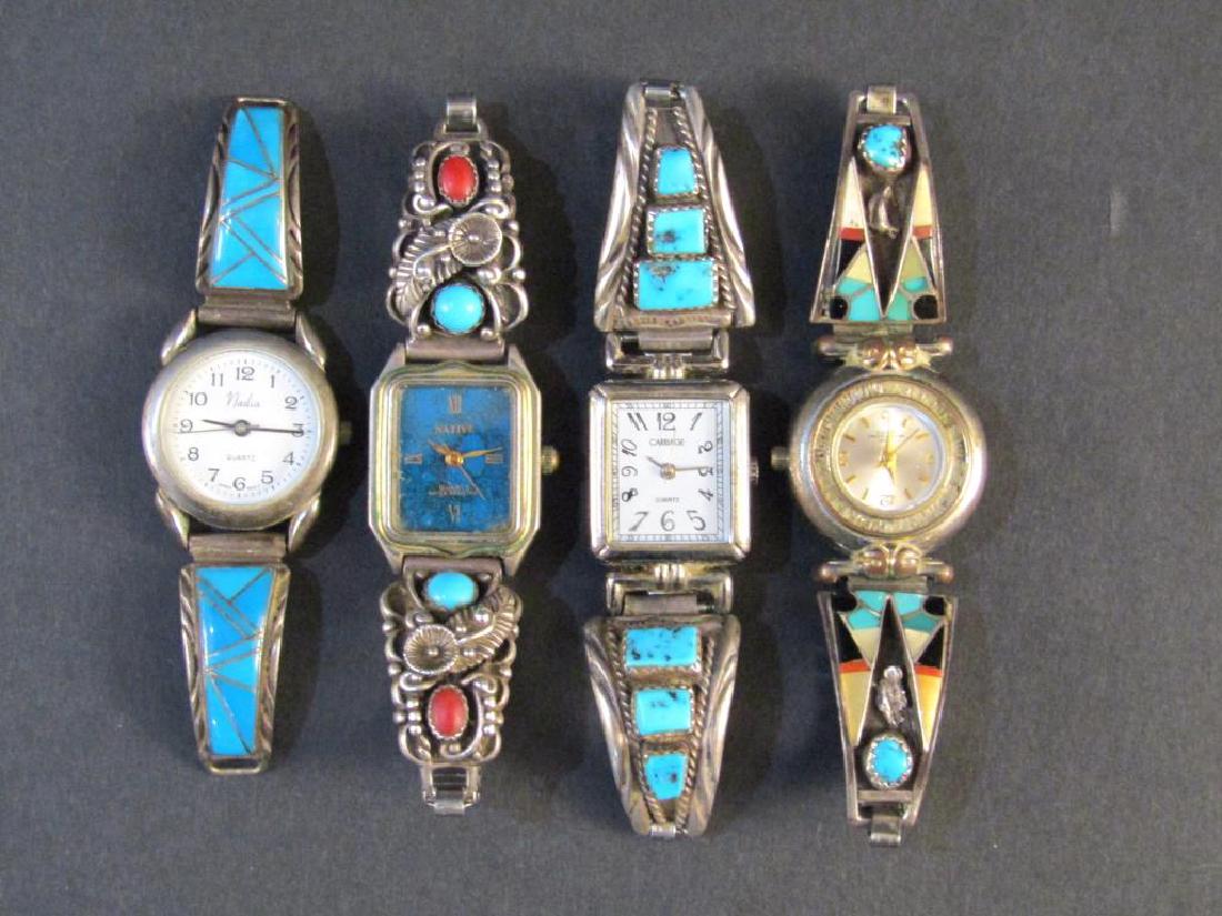 4 Sterling and Turquoise Watch Bands: Ladies' watches of Timex, etc.