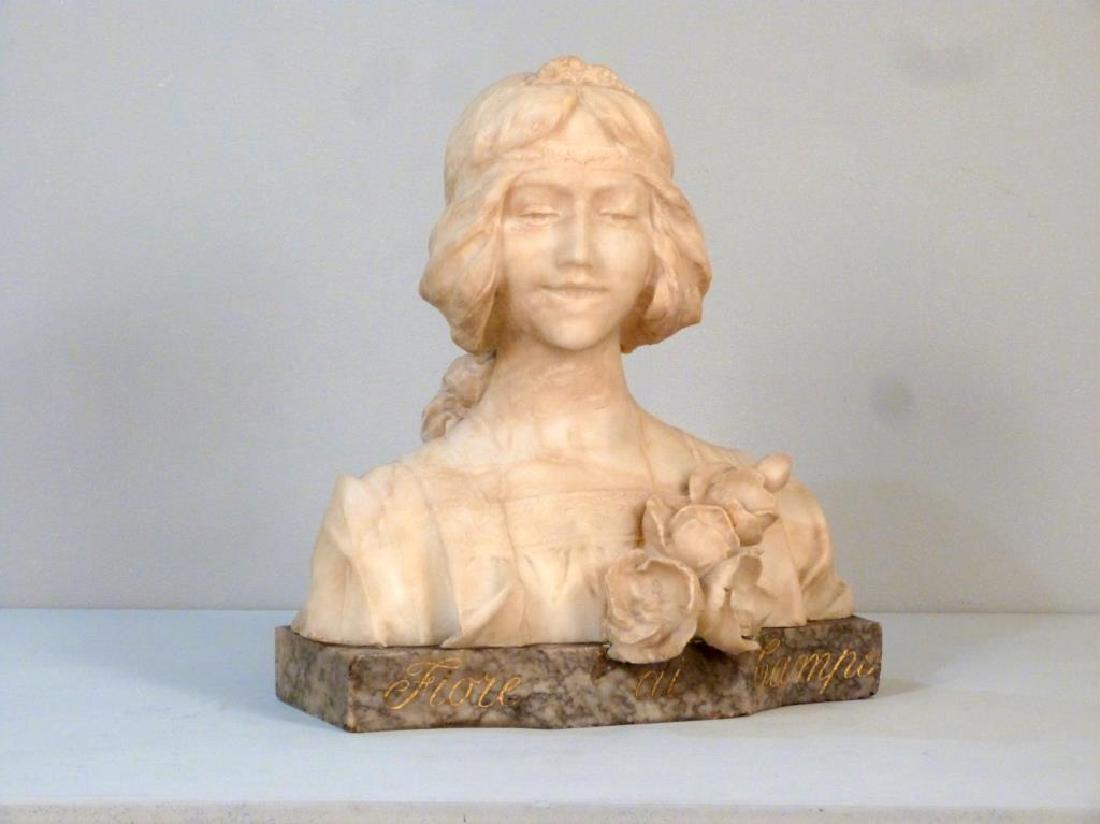 Italian Marble Bust (As is): Young girl with floral spray, on separate marble base with gilt painted inscription Fiore di Campo. Note cracks and repairs. 14.5W X 9"D X 16"H"