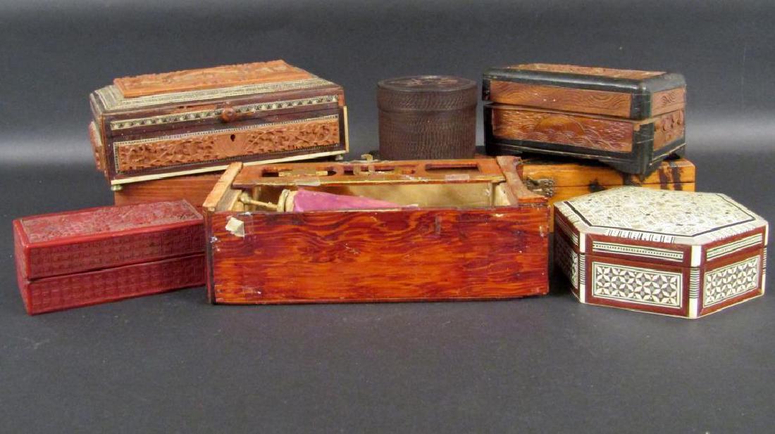 Assorted Decorative Boxes: Anglo Indian, Chinese, etc. Largest box (on its side): 5.5W X 3.5"D X 10"H"