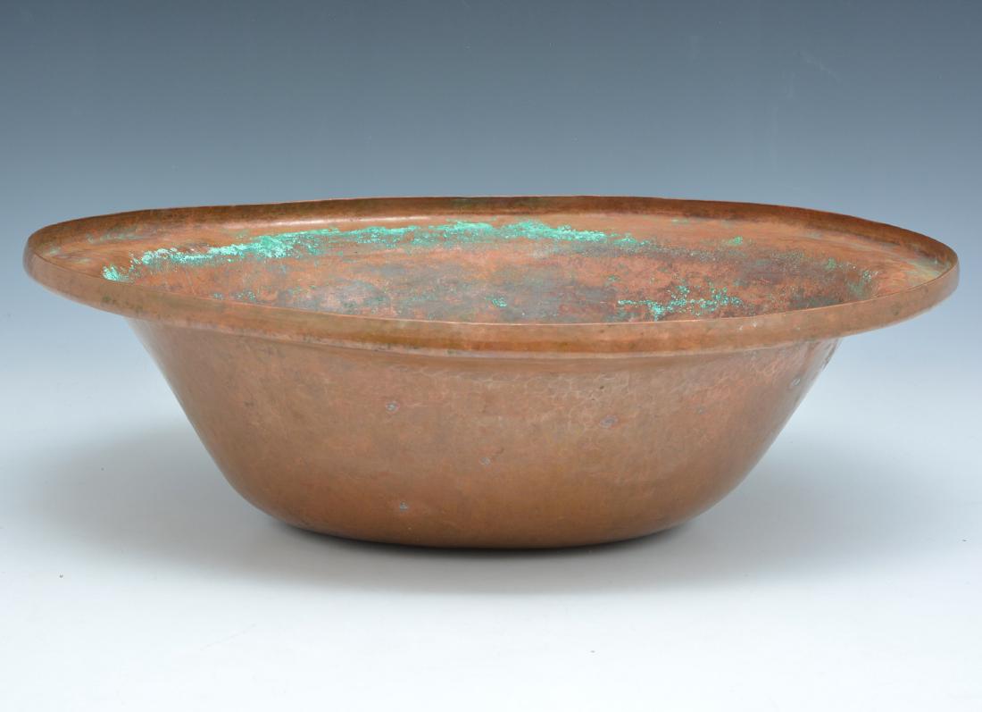 Dirk Van Erp Copper Basin: Dirk Van Erp Copper Basin with open box windmill ''San Francisco" stamp with D'Arcy Gaw ghost signature, 5.5"t x 18"w x 15"d, good original condition.