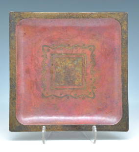 Linossier bronze inlaid tray: Claudius Linossier (French 1893-1953) bronze inlaid tray with red detail, appx 7 1/2"sq. Very good condition.