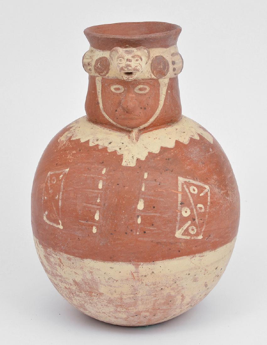 Chancay Pre-colombian painted figural vessel: Chancay Pre-colombian painted figural vessel, appx 11 3/4"t. In good condition.