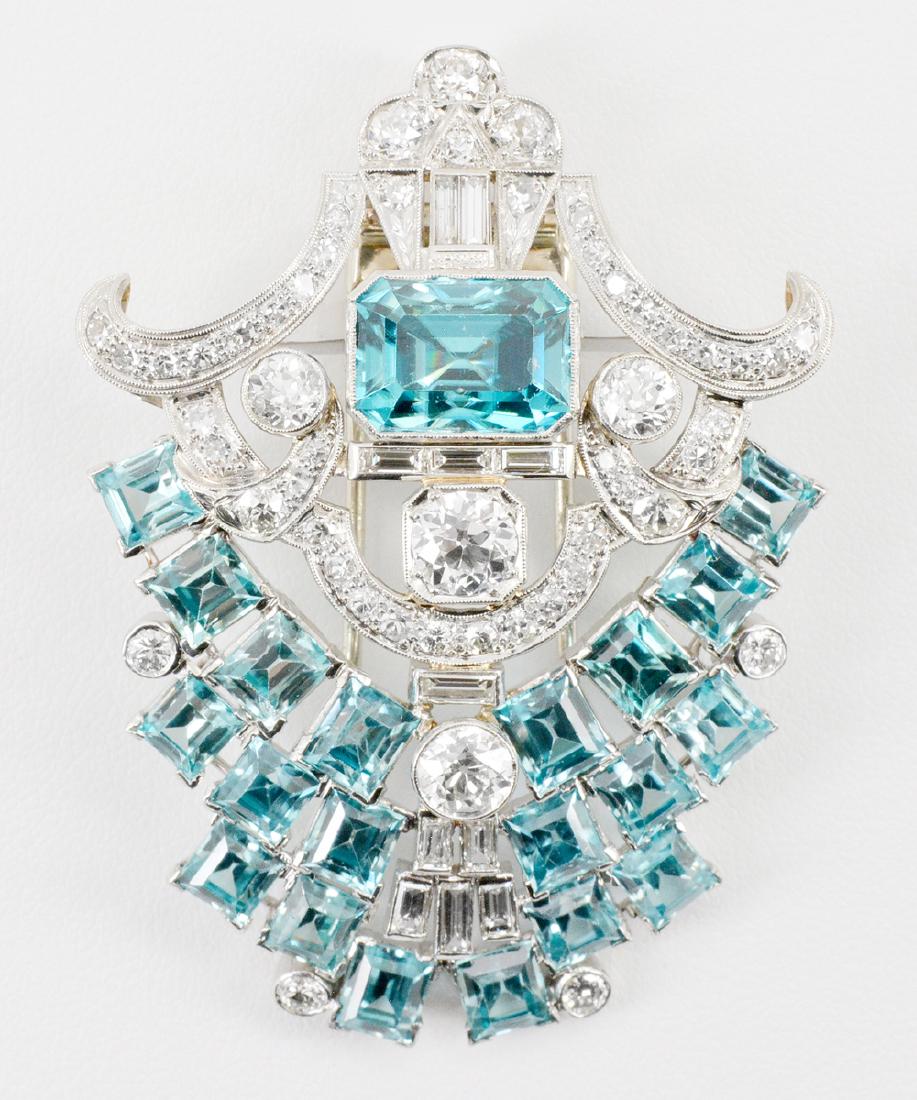 Platinum, Blue Zircon & Diamond Brooch (1 of 1)
