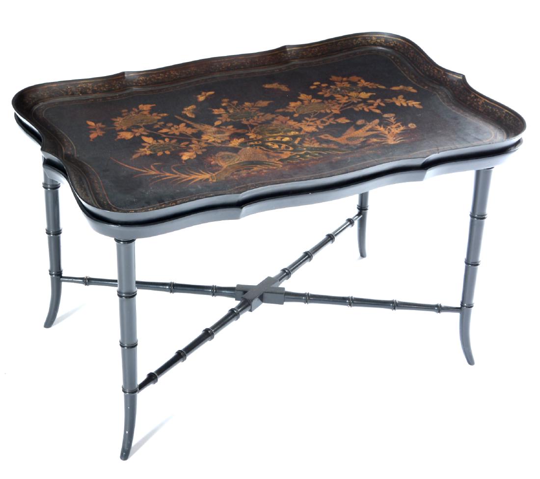 English tole tray table on fitted faux bamboo base (1 of 3)