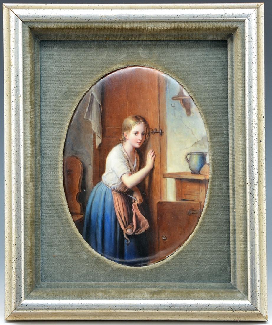 Meyer von Bremen (after) painting on porcelain: Painting on oval porcelain plaque after Johann Meyer von Bremen, "Listening at the Door". Appx 7 1/2" x 5 5/8" Good condition, detached from frame.