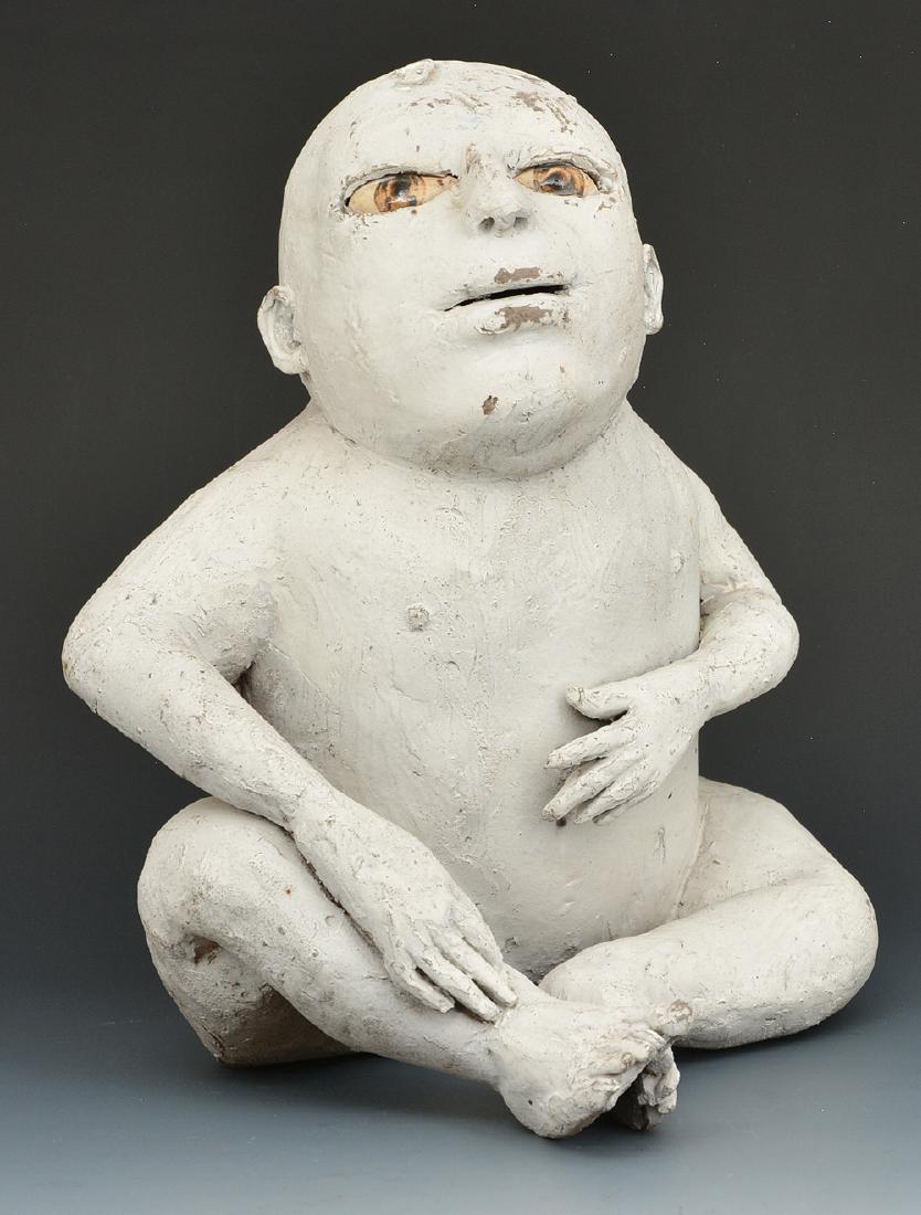 Jose Vermeersch, Sitting Child, ceramic, 10"t: Jose Vermeersch (Belgian 1922-1997) , Sitting Child, ceramic sculpture with glass eyes, signed on back, appx 10"t. In good condition.