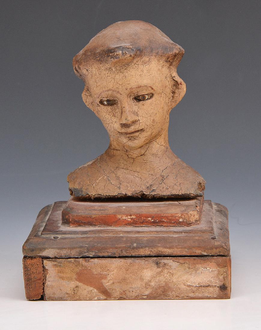 Wooden Santos head with glass eyes on stand (1 of 3)