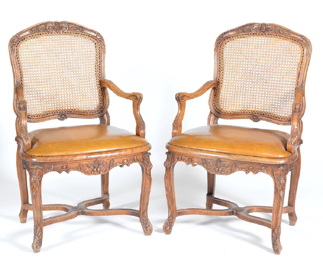 Pair of French walnut armchairs, caned backs,  18th c (1 of 4)