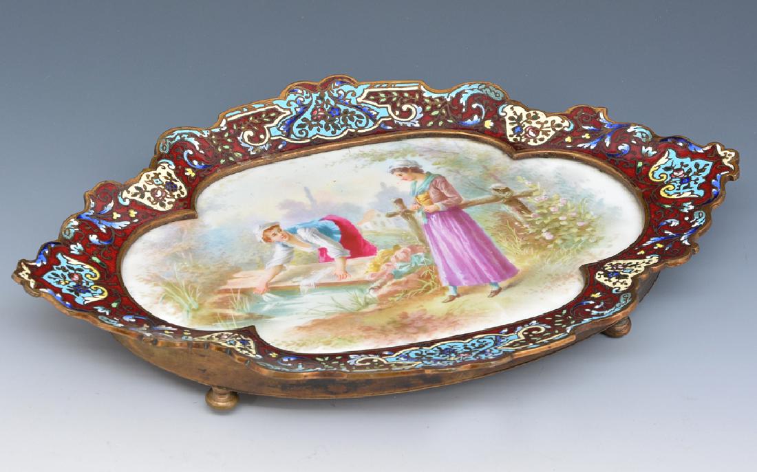 French champleve footed tray with porcelain plaque (1 of 4)