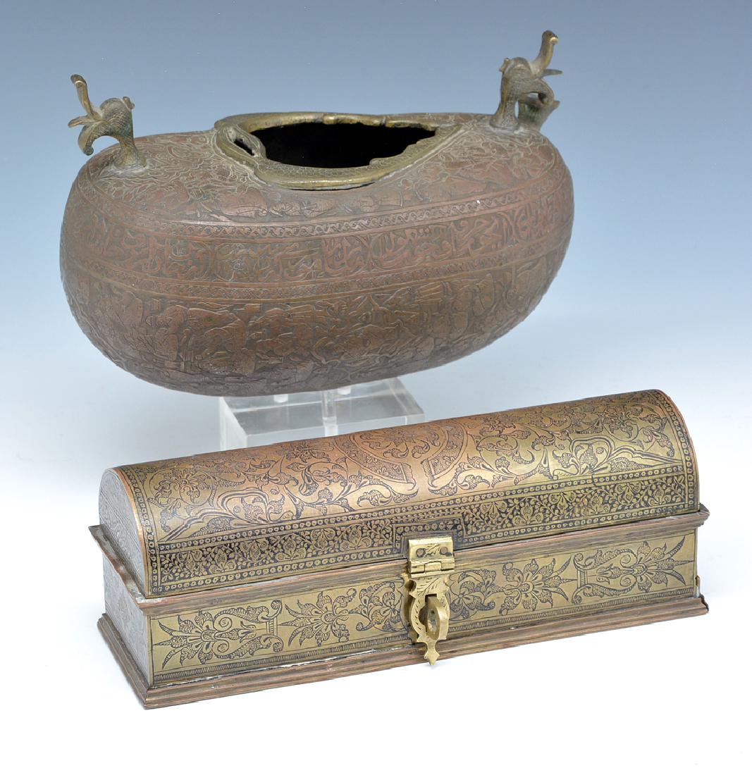 Persian bronze oil vessel and opium box (1 of 3)