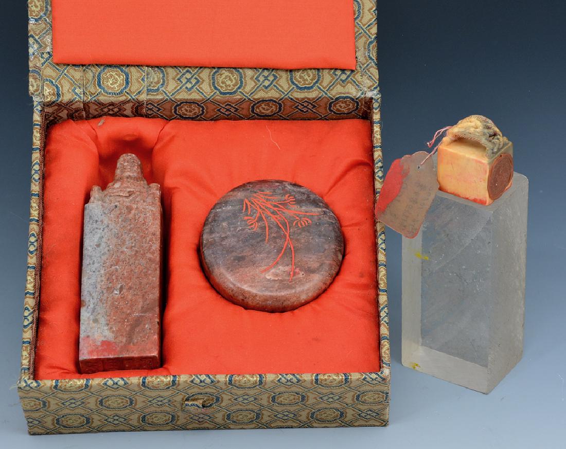 Two Chinese seals and one ink pot: Chinese soapstone carved archaistic seal, ink pot and a small bone seal, attributed to the Tongzhi era 1862-1874, largest appx 4"t.