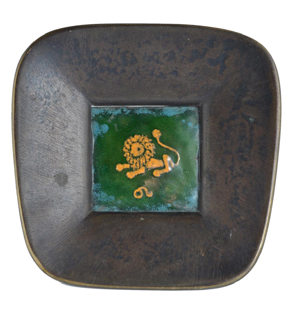 Carl Aubok bronze and enamel Leo ashtray: Carl Aubok bronze and green enamel ashtray with lion and symbol for Leo, signed "Aubok" and "Made in Austria". Appx 4 1/2" x 4 5/8". Very good condition.