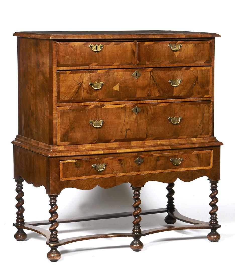 William & Mary burl walnut 4 drawer chest on stand (1 of 2)