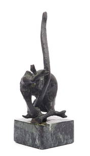 Jack Zajac bronze, goat bound on a pole: Jack Zajac bronze, goat bound on a pole for carrying, mounted on polished green marble base, marked "Z" and "3/6". Appx 11 1/4"t x 3 3/4"w. Very good condition.