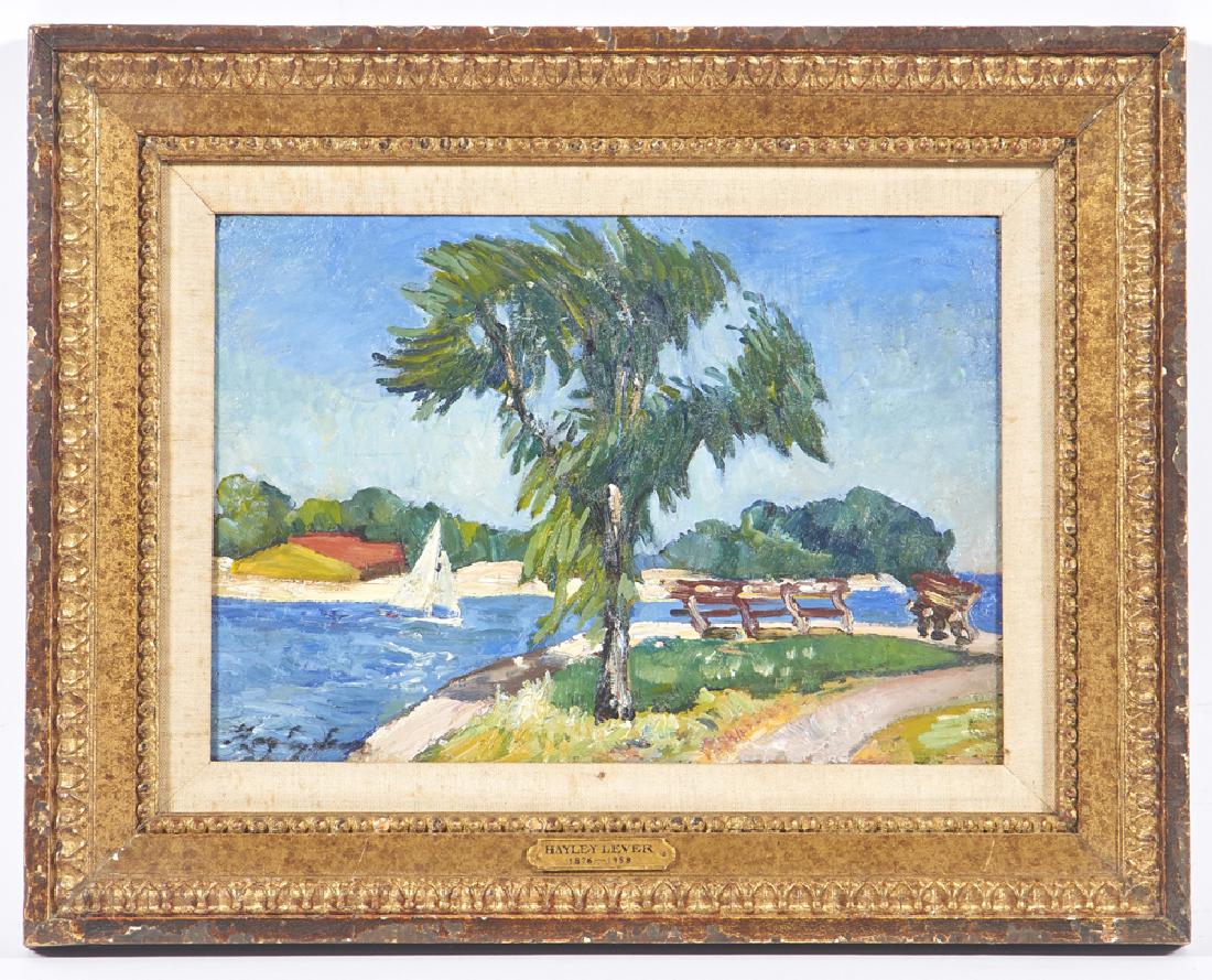 Hayley Lever, "Benches and Trees", oil on panel: Manner of Richard Hayley Lever, "Benches and Trees", oil on panel, bears signature lower left. Viewed appx 13 3/4" x 9 1/2", frame 20" x 15 3/4". Very good condition.