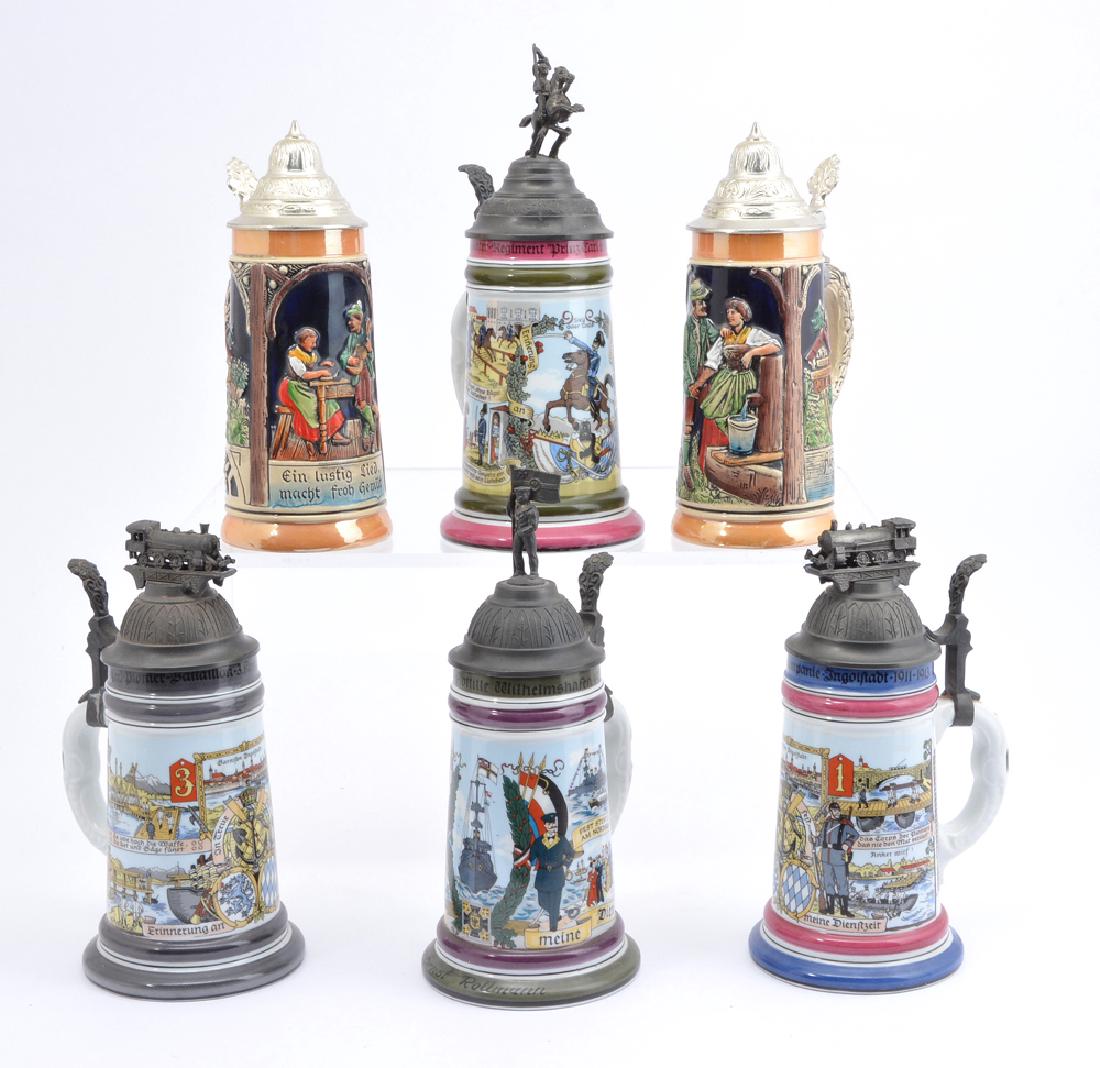 6 German covered steins, train battalion and military (1 of 3)