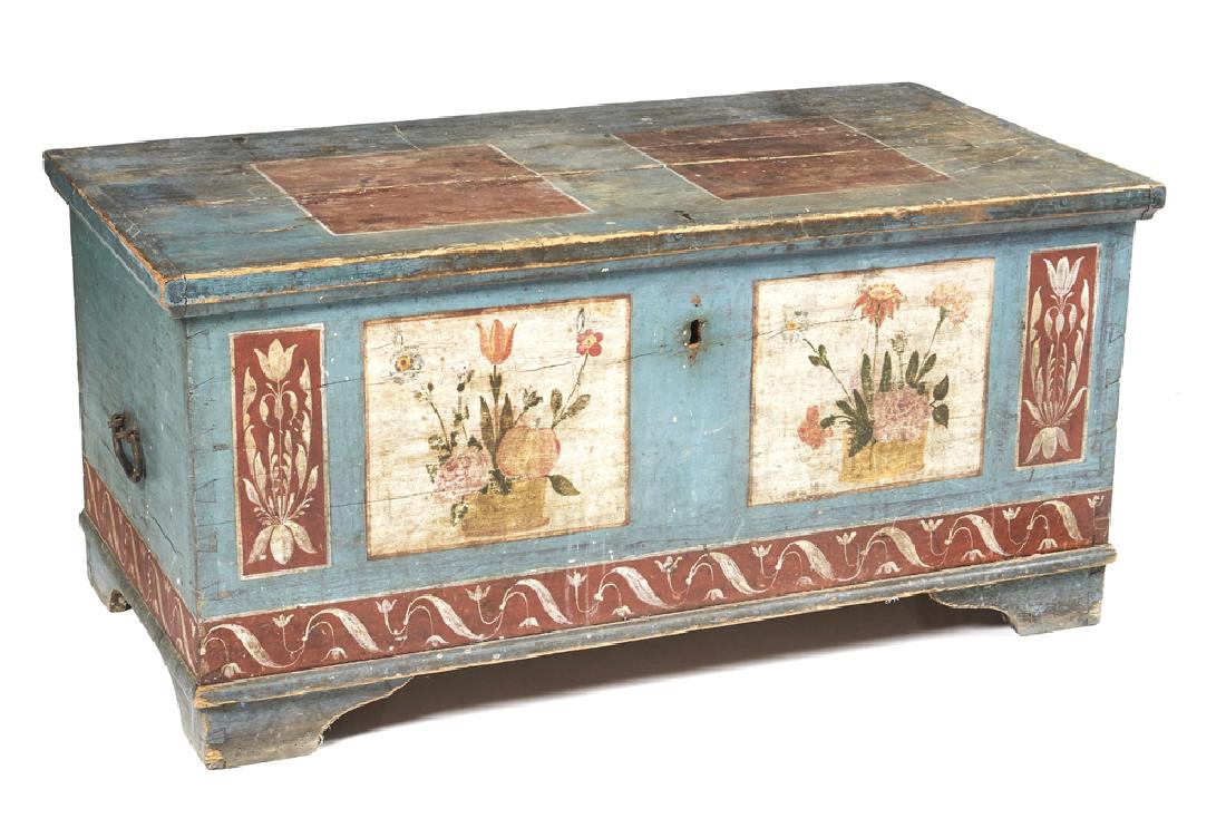 Swedish painted blanket chest: Swedish blanket chest, pine with painted floral decoration and wrought iron hardware. Appx 22"t x 46 1/4"w x 23"d. Good condition with wear commensurate with age and separation to top.