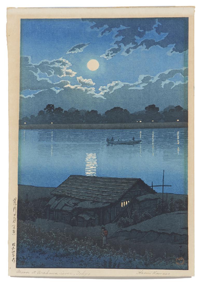 Hasui Kawase Japanese woodblock, "Moon at Arakawa: Hasui Kawase Japanese woodblock, "Moon at Arakawa River, Tokyo", titled lower left, signed lower right in pencil. Sheet appx 15 1/4" x 10 1/4".