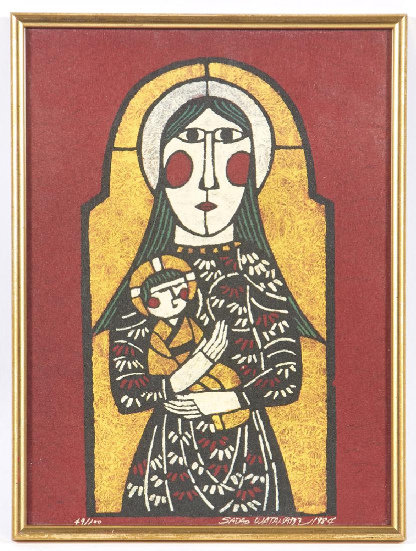 Sadao Watanabe stencil in colors, Madonna and Child: Sadao Watanabe stencil in colors, Madonna and Child, numbered lower left, signed and dated lower right. Appx 9 1/4" x 13 1/2" viewed.