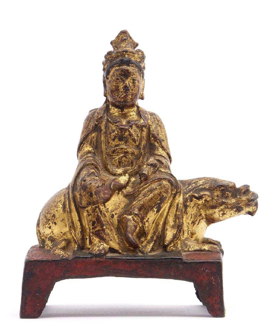 Chinese bronze gilt Buddha on a lion, 7 3/4"t (1 of 3)