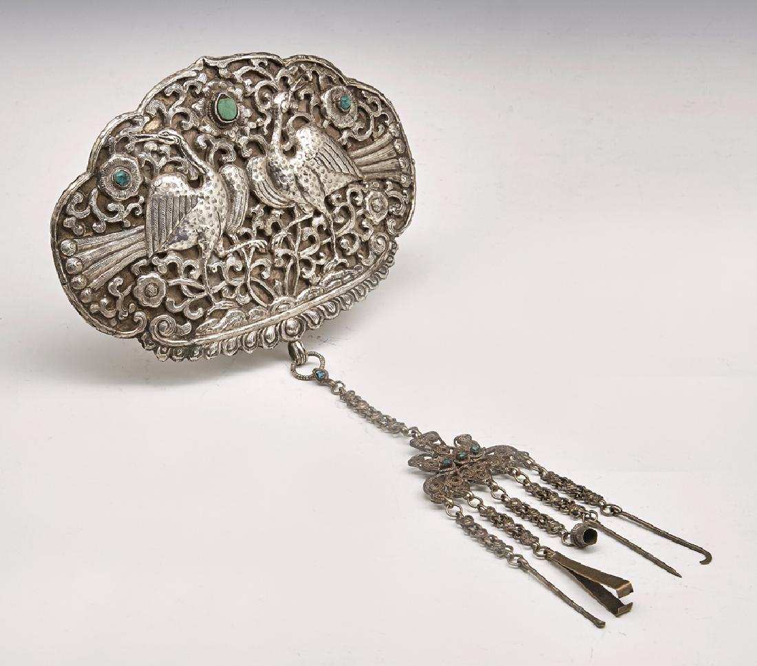 Large Chinese silver buckle with opium tools (1 of 1)