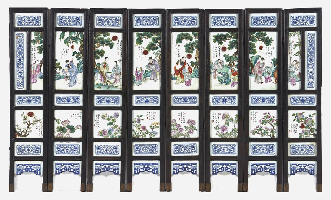 Chinese 8 panel screen with painted porcelain plaques (1 of 6)