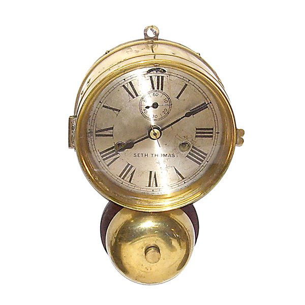 Clock, Seth Thomas Outside Bell Ship's Clock: CLOCK. Seth Thomas outside bell ship's clock. This clock is running and strikes the proper ship's bells. Wooden backing, only partial paper label on back. One of the more desirable of ship's clocks.