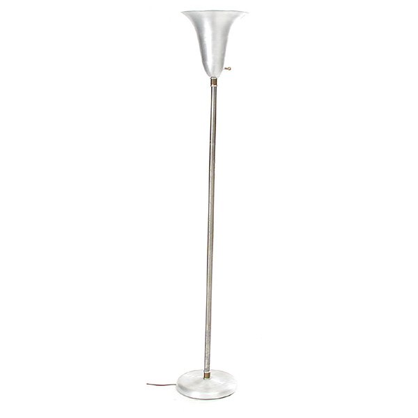 Russel Wright, Aluminum Floor Lamp: LAMP. Russell Wright brushed aluminum floor lamp with simple column and upturned bell shade, good condition, wear on base, approx 64.5" tall.