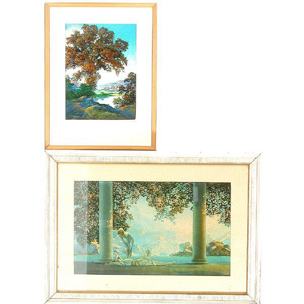 2 Prints, Maxfield Parrish: PRINTS.Maxfield Parrish, Peaceful Valley & Daybreak, largest 10.25"h x 17.75"w (viewed).