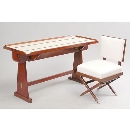 Chart Table and Chair.: CHART TABLE AND CHAIR. Drop-leaf chart table mahogany with vinyl top and matching mahogany chair with upholstered seat and back. Early 20th C. Table 55 1/2" x 23 1/2" x 29" and chair 18 5/8" x 19 1/2"