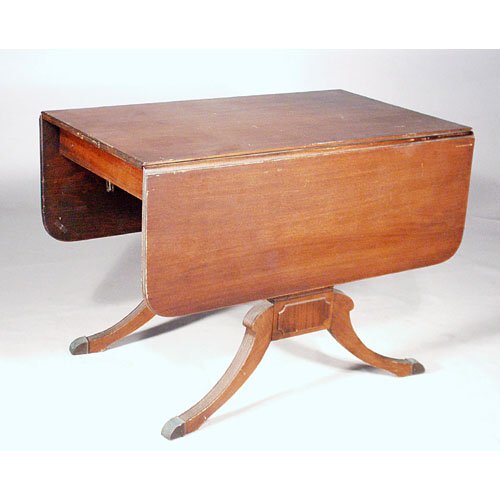 Mahogany Dropleaf Table.: TABLE. Mahogany Duncan Phyfe Style Drop Leaf Table. 42" x 24" x 29 1/2" with two 15" dropleafs. In fair condition.