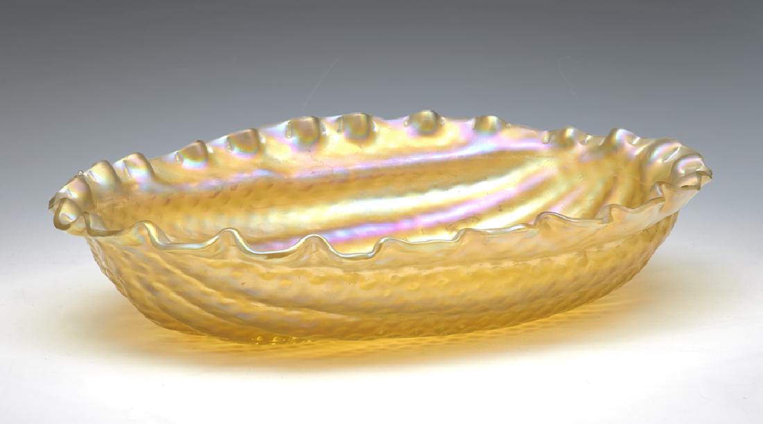 Loetz iridescent art glass ribbed melon bowl: Loetz iridescent art glass ribbed melon bowl, unsigned, 12 1/2"w x 9 1/2"d x 2 3/4"t, very good condition