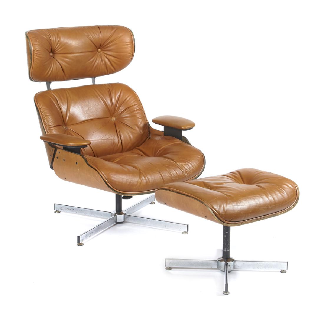 Eames style lounge chair and ottoman, walnut: Eames style lounge chair and ottoman with walnut veneer and tufted caramel colored Naugahyde, an early example made by Selig circa 1975. Chair appx 31 1/2" w x 32" d x 39" t, ottoman 21 1/8" w x 17 1/