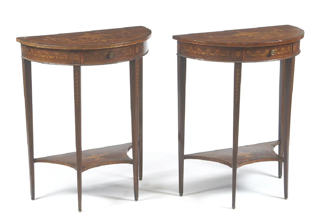 Early 20th c pair of demilune marquetry inlaid tables (1 of 4)