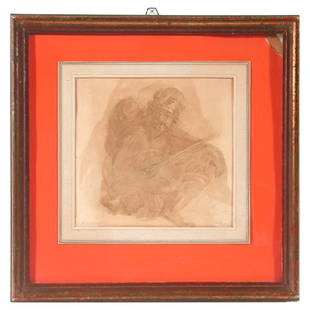 Benjamin R. Haydon, (British) drawing, crouching: Benjamin Robert Haydon (British, 1786-1846) drawing of a crouching soldier, signed 'Haydon' lower left, watercolor and pencil, 8 1/2"h x 9"w viewed. In good condition overall.