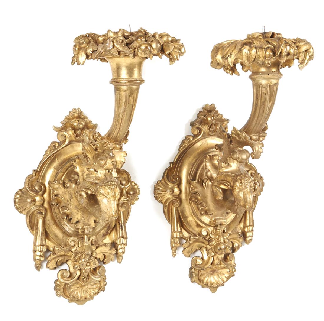 Pair 19th Continental giltwood candle sconces, 24"t (1 of 3)