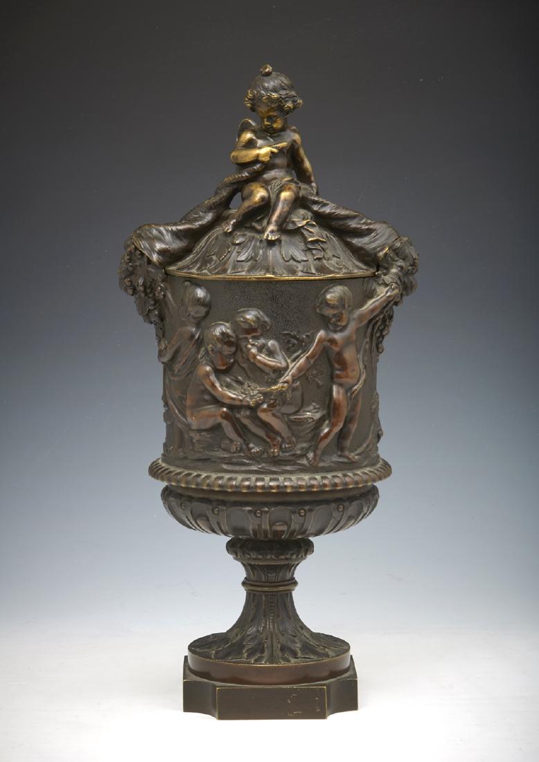 Bronze lidded urn decorated with cupid, cornucopias, (1 of 4)