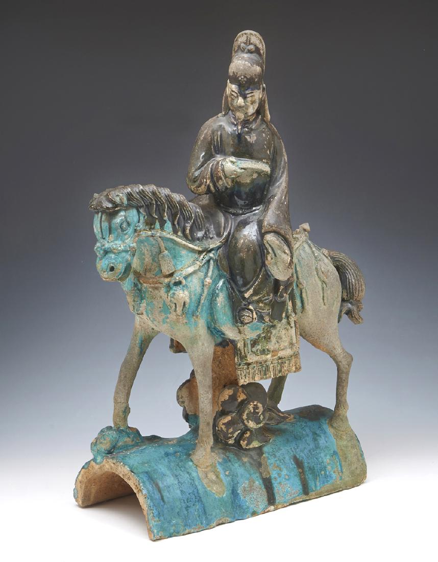 Chinese Roof Tile, Immortal on Horseback, 20" tall: Chinese Sancai Glazed Pottery Roof Tile, Immortal on Horseback, 20" t x 13 1/2"w x 6 1/2"d