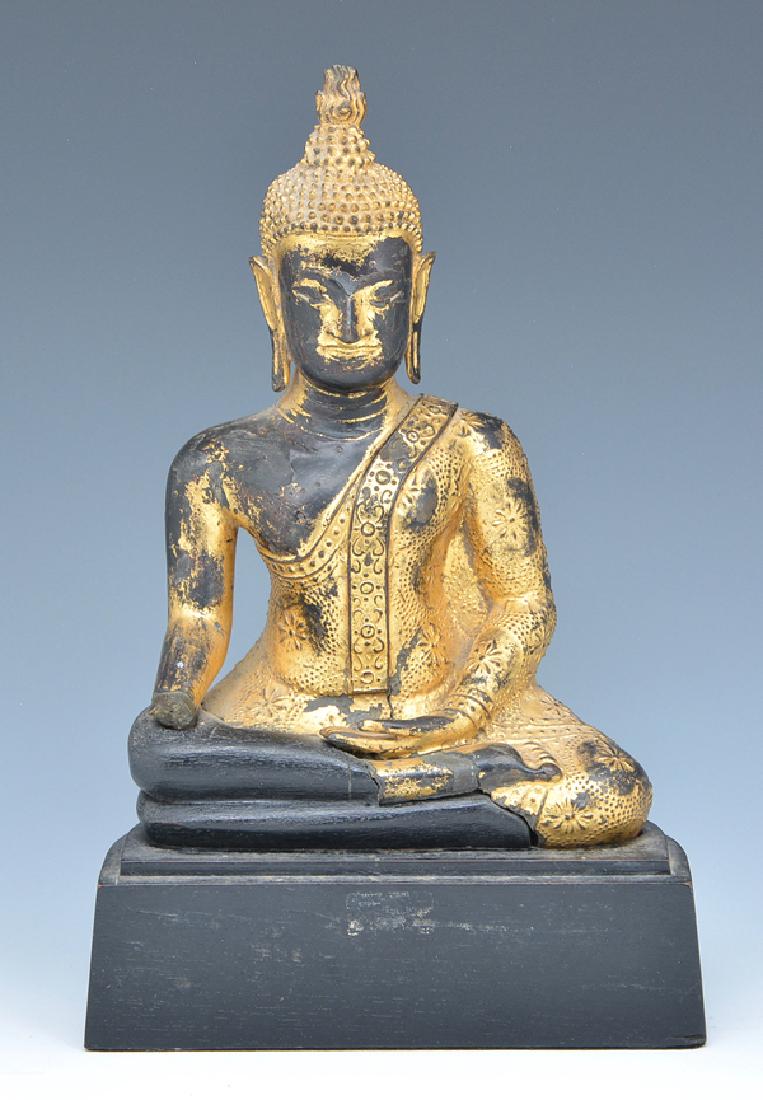 Gilt metal seated Buddha statue fragment on base (1 of 2)