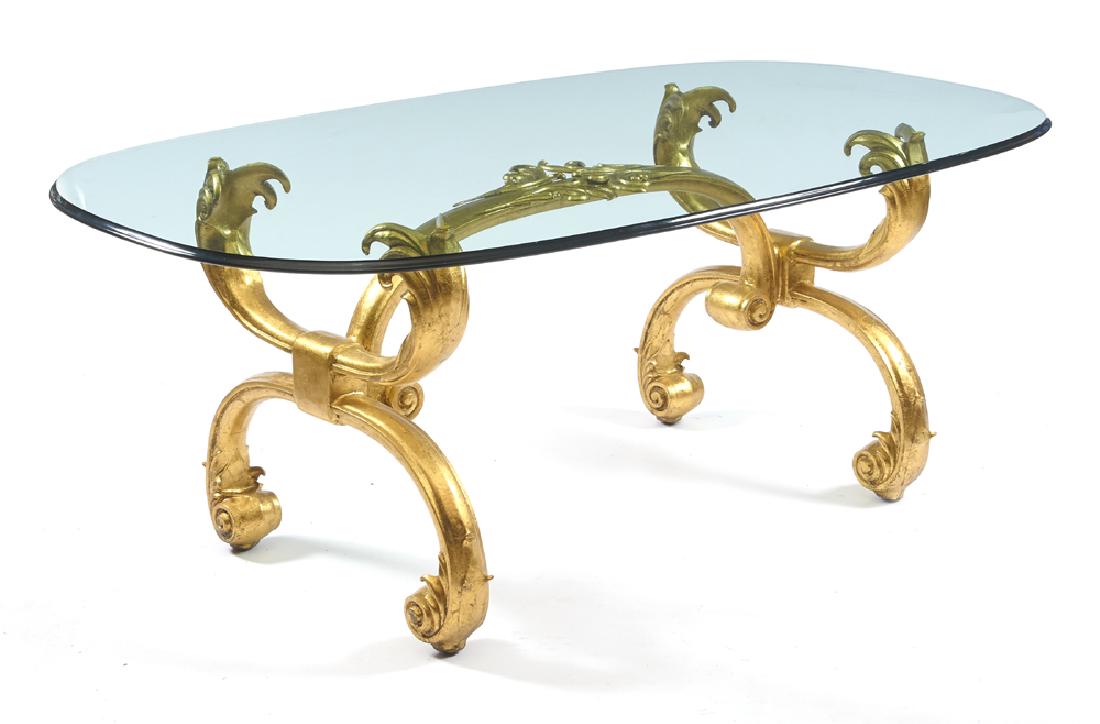 20th c Dining table, glass top with gilt metal scroll (1 of 1)