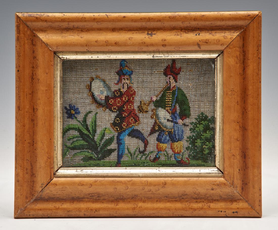 19th c Beaded Chinoiserie picture, musicians, 4" x 6" (1 of 2)
