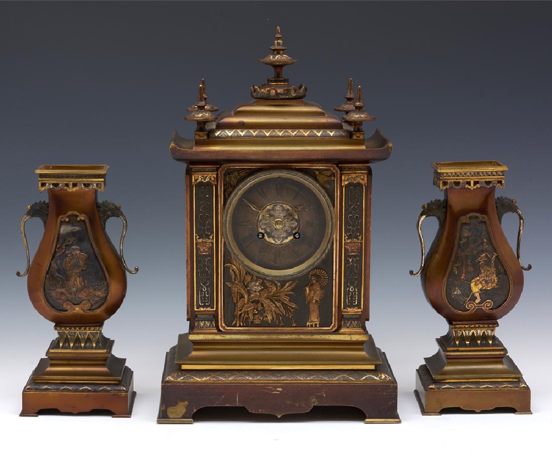 French Achille Brocot bronze three pc japanesque clock (1 of 1)