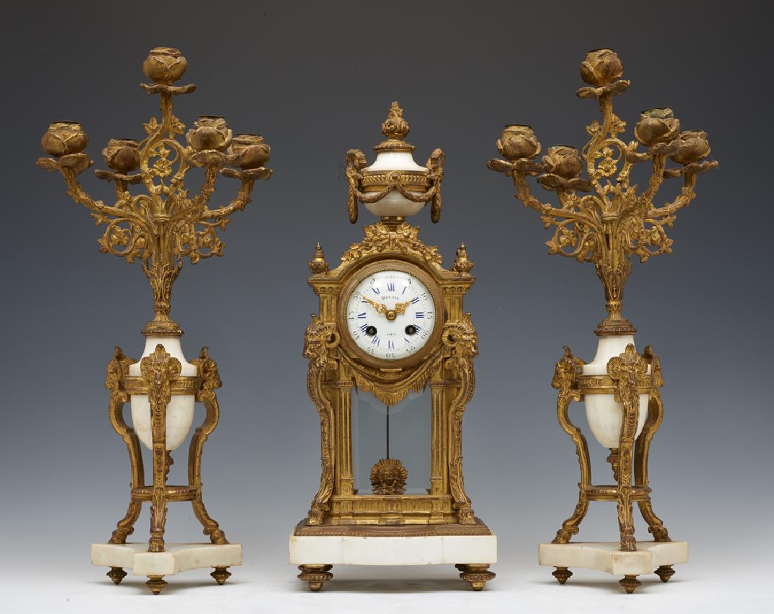 3 Pc French gilt bronze and marble clock and garniture (1 of 2)