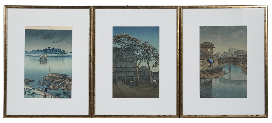 3 Hasui Kawase Japanese Woodblock Prints: 3 Hasui Kawase (1883-1957) Japanese Woodblock Prints including: "Rainy Season at Ryoshimachi, Shinagawa", publisher Watanabe Shozaburo, bears the round, black 6 mm seal, indicating a lifetime printing