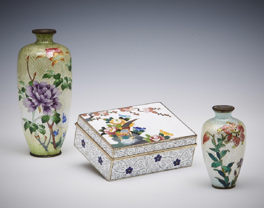 Grouping of two Japanese cloisonne vases and one box (1 of 2)