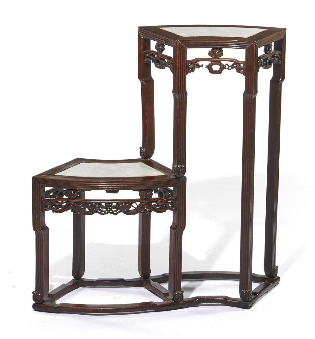 Chinese two tier carved wood stand with marble tops (1 of 1)